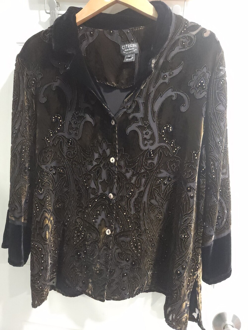 Citron Brown Velvet Embellished Button-Down Shirt